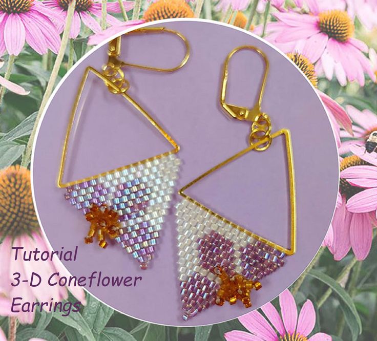 3-D Coneflower triangle shaped earrings.  The flower pattern is offset and the spiny center of the coneflower adds dimension.  A general knowledge of Brick stitch is helpful. This PDF beading tutorial includes instructions for a beaded earrings. Materials you need: - Delica cylinder beads (colors used in the sample are listed on the tutorial); - 24mm Triangle frame - Jump rings - Earwires of your choice; Skill level: All levels The earring tutorials are easy to follow, step by step, with a word Triangle Frame, Frame Earrings, Earrings Tutorial, Beaded Earrings Patterns, Beading Tutorial, Earring Tutorial, Pattern Tutorial, Triangle Earrings, Earring Patterns