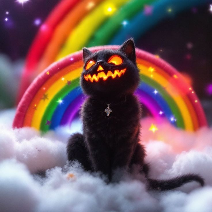 a black cat sitting in the clouds with a glowing pumpkin face on it's head