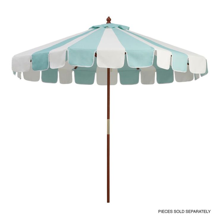 an umbrella with white and blue stripes is shown against a white background, it appears to be empty