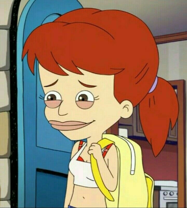 a cartoon girl with red hair holding a banana in her hand and looking at the camera