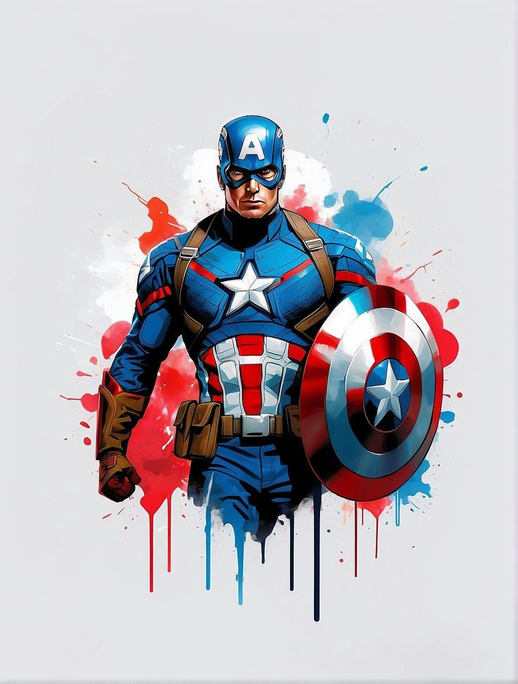 an image of captain america with paint splattered on the back and chest, standing in front of a white background