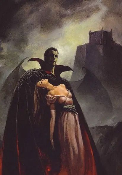 a painting of a woman being hugged by a demon in front of a dark castle