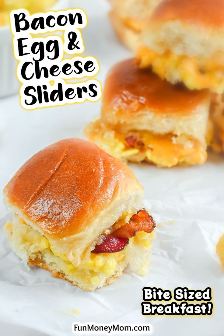 bacon egg and cheese sliders on a white plate with text overlay that reads, bacon egg and cheese sliders