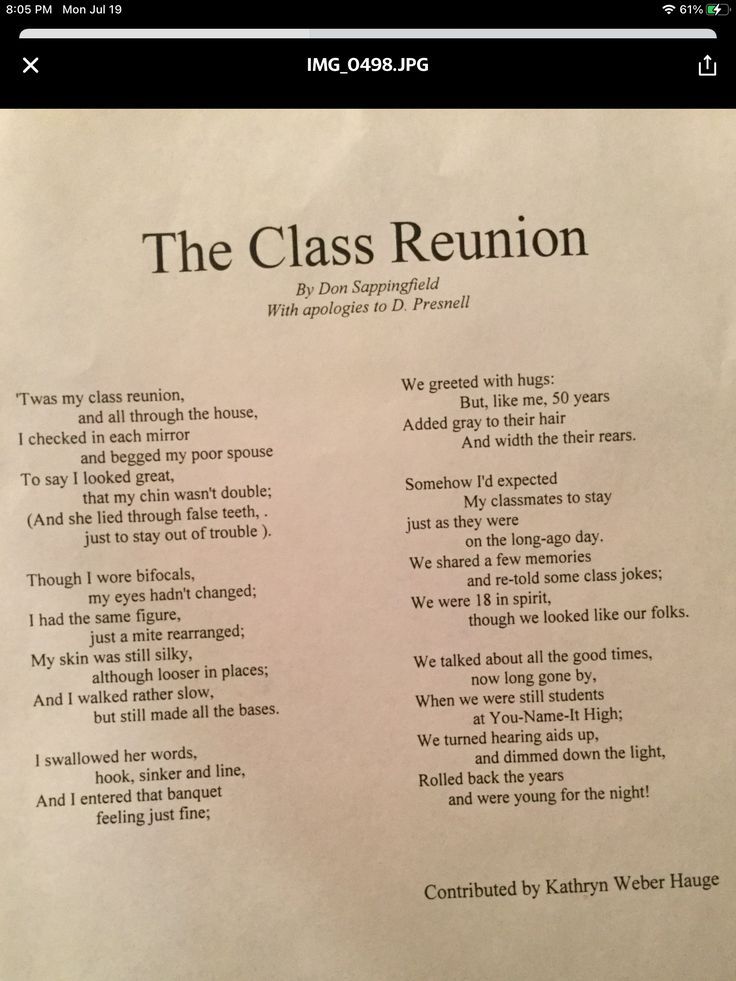 a close up of a piece of paper with words on it and an image of the class reunion