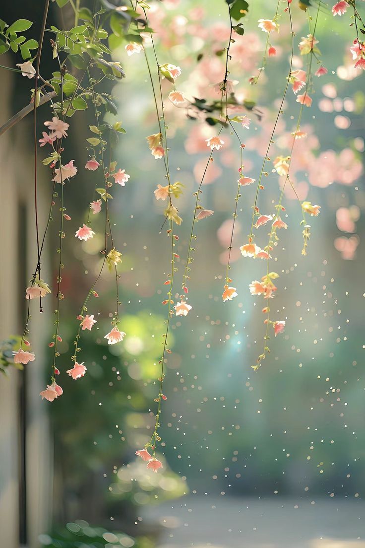 some pink flowers hanging from a tree in front of a window with raindrops