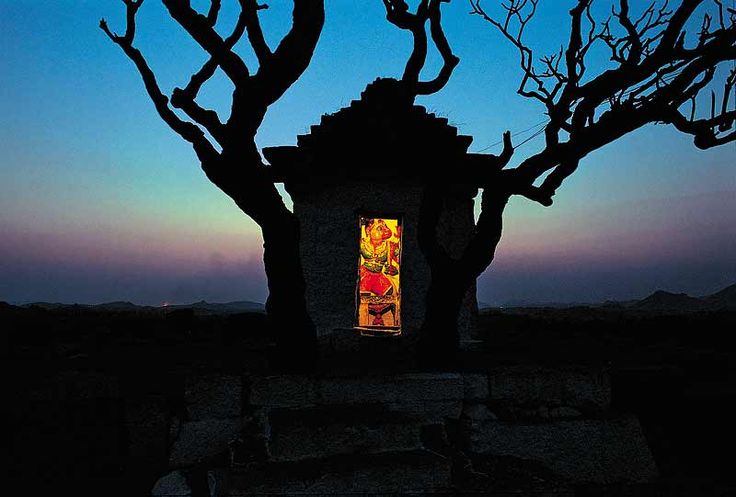 a tree with no leaves in front of a small building at dusk or dawn time