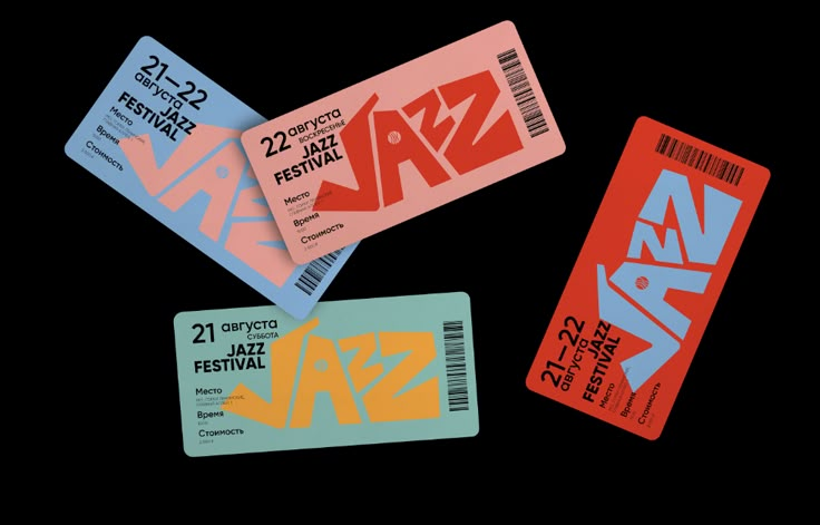 three concert tickets with the word jazz written on them, all in different colors and sizes