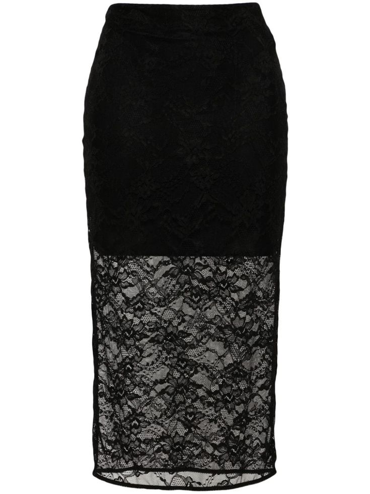 black rebrodé lace elasticated waistband slip-on style sheer fitted waistline removable underskirt straight hem mid-length Lace Pencil Skirt, Lace Midi Skirt, Pencil Skirt Black, Chanel 2, Iconic Bags, Demi Fine Jewelry, Exclusive Fashion, Fine Earrings, Ballet Flat Shoes