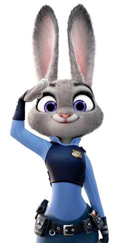 an animated rabbit with purple eyes and a blue shirt is holding his hand up in the air