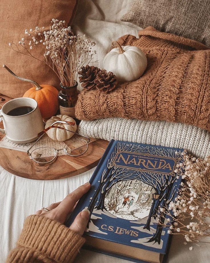 a person is reading a book on a bed with pillows and pumpkins in the background