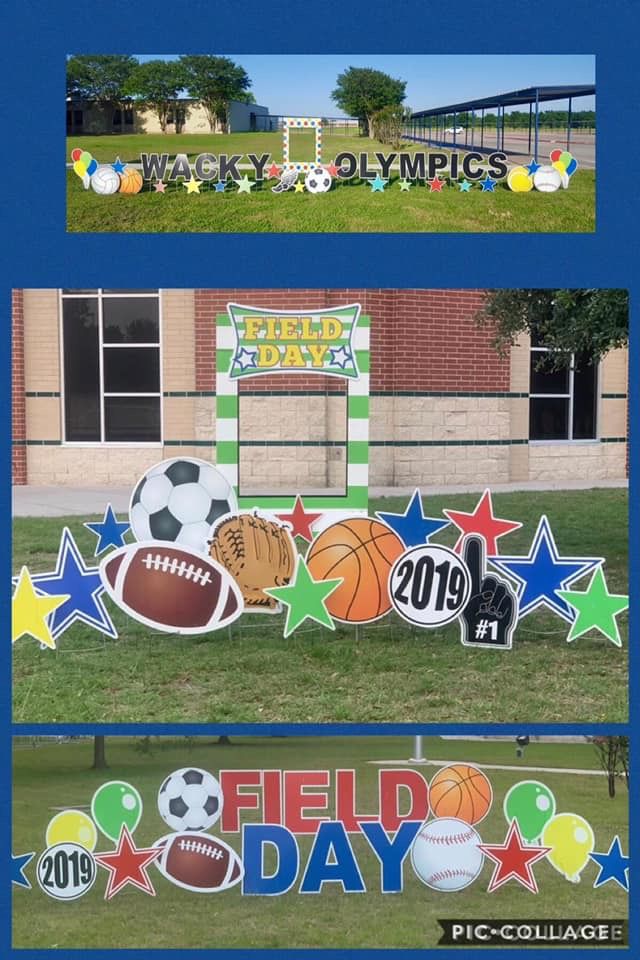 the field is decorated with different sports signs and decorations for each team's game