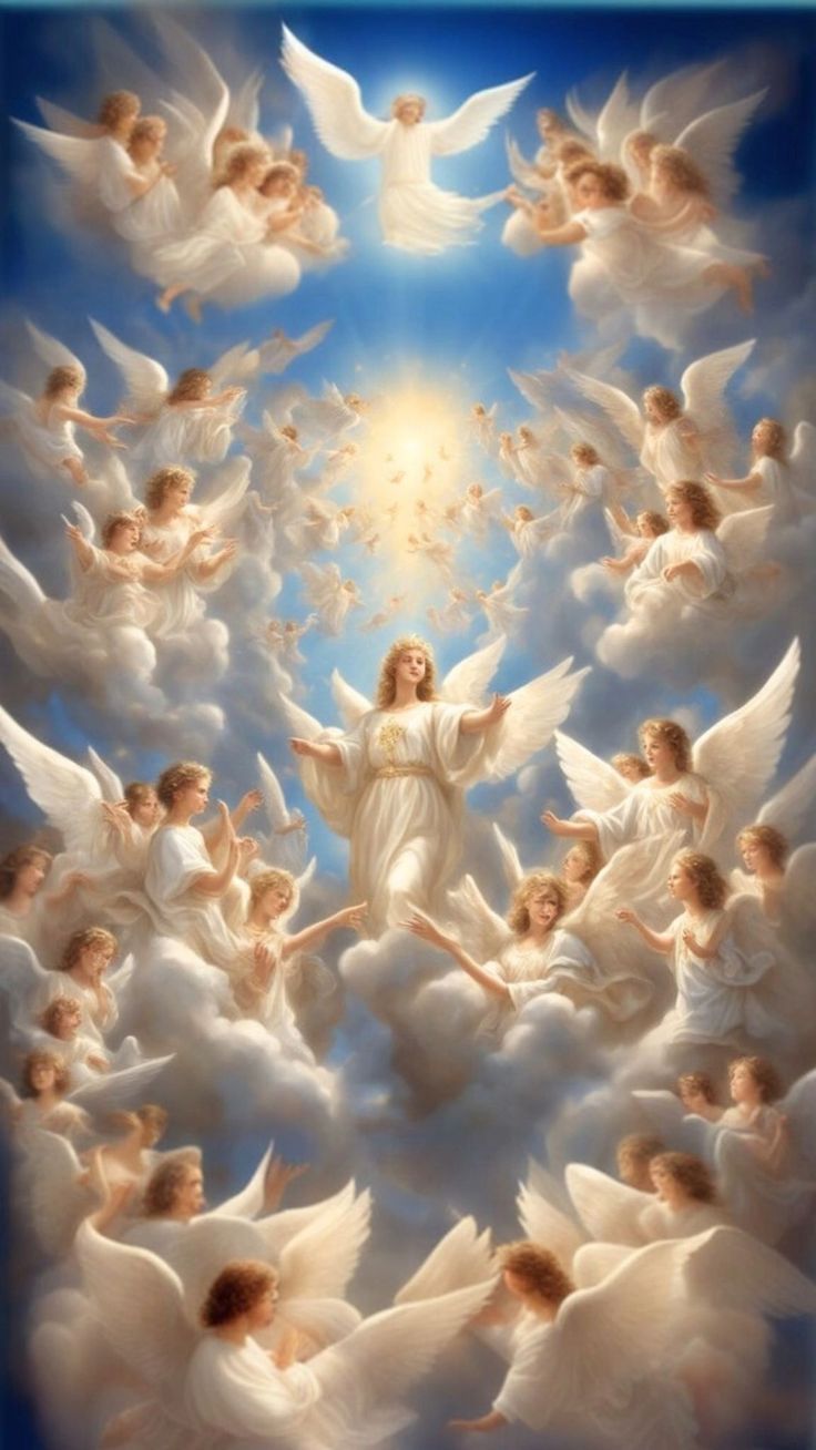 an image of angels in the sky with white wings and halos above their heads