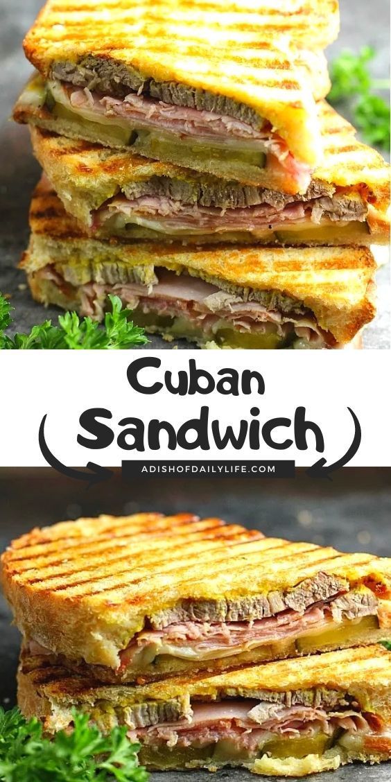 a sandwich cut in half and stacked on top of each other with the words cuban sandwich above it