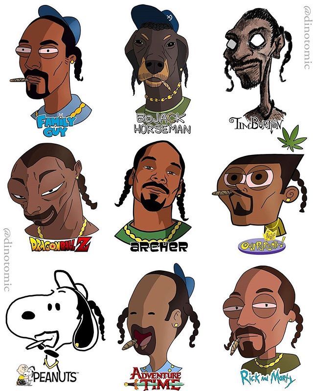 the many faces of snoop blac and his friends in cartoon style, including one with