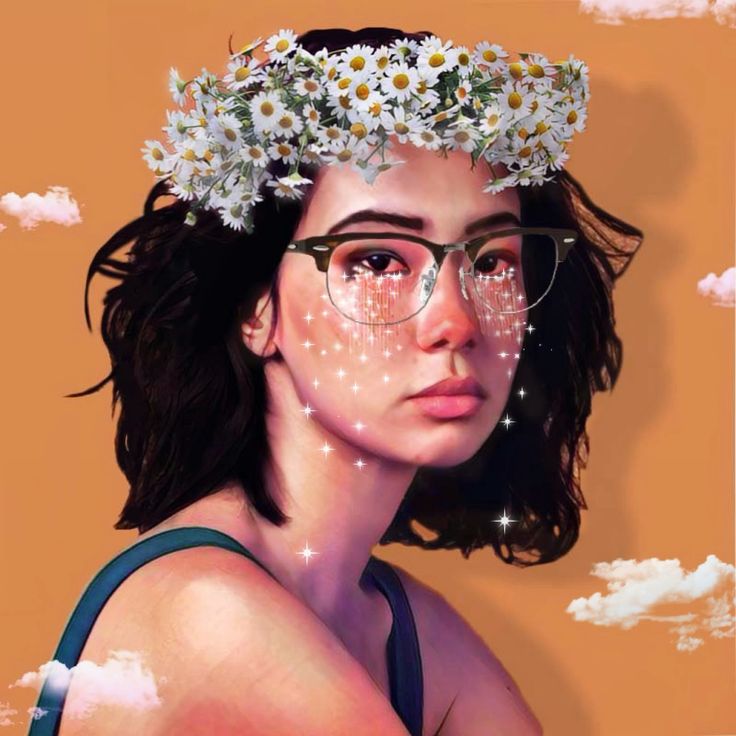 a painting of a woman with glasses and daisies on her head