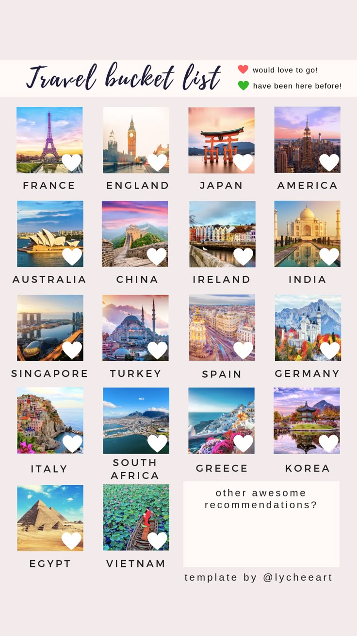 the travel bucket list for europe and asia with pictures of different countries on it's side