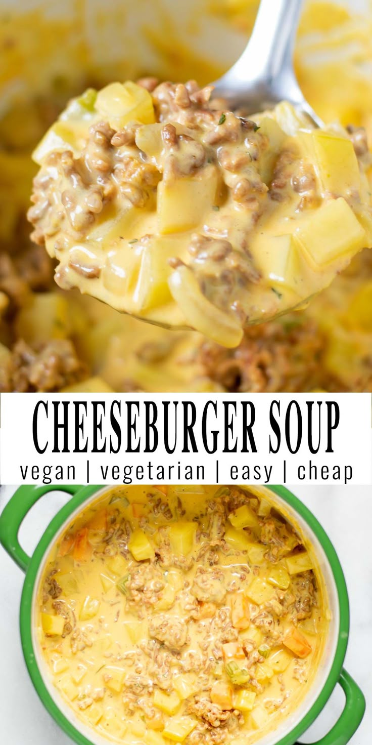 cheeseburger soup in a green bowl with a ladle full of meat and vegetables