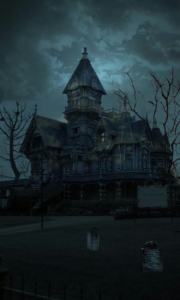 a creepy looking house in the middle of a dark sky with trees and tombstones