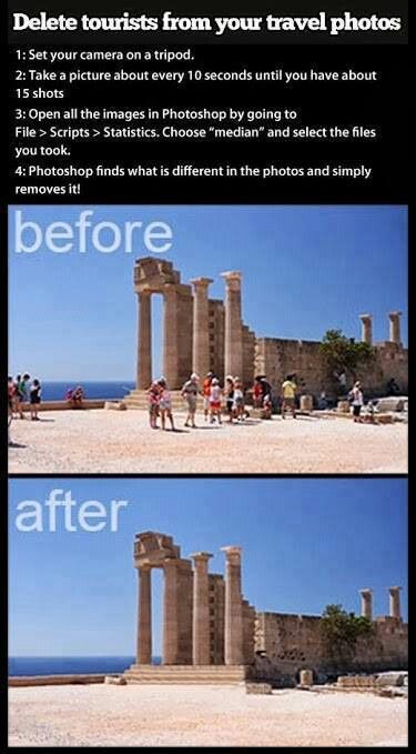 the before and after photoshopped image shows people standing in front of an ancient building