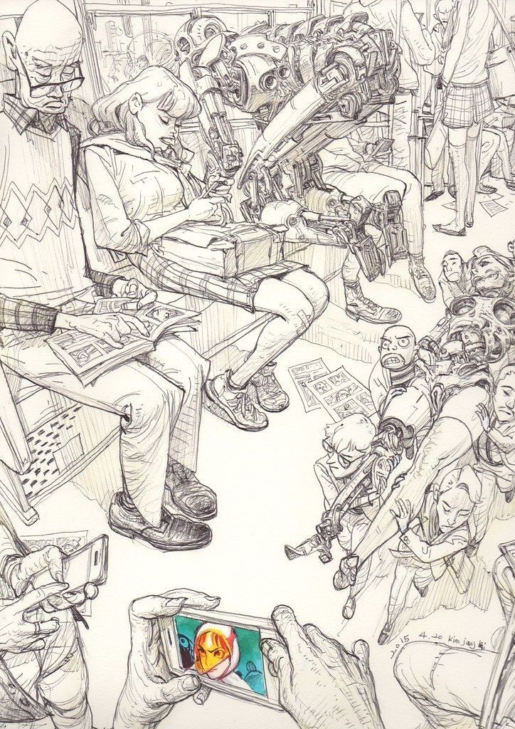 this is a drawing of people sitting on the floor using their cell phones and taking pictures