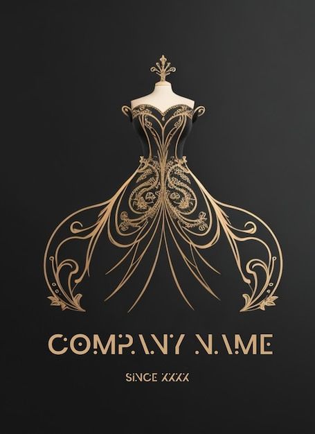 the company name and logo for an evening gown designed in gold, on black background