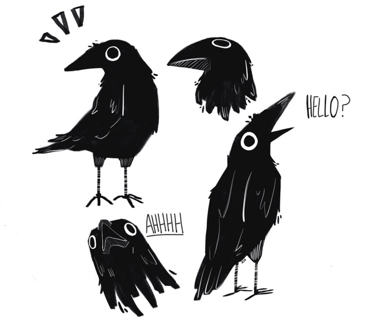 three black crows are standing next to each other, with the words hello written on them