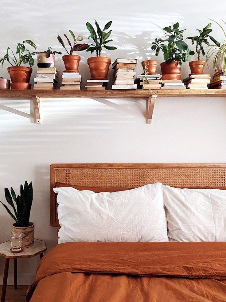 a bed topped with lots of potted plants next to a wooden shelf above it