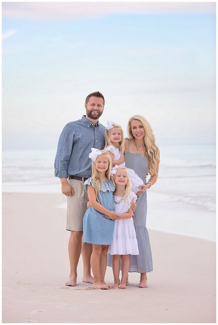 a family posing for a photo on the beach