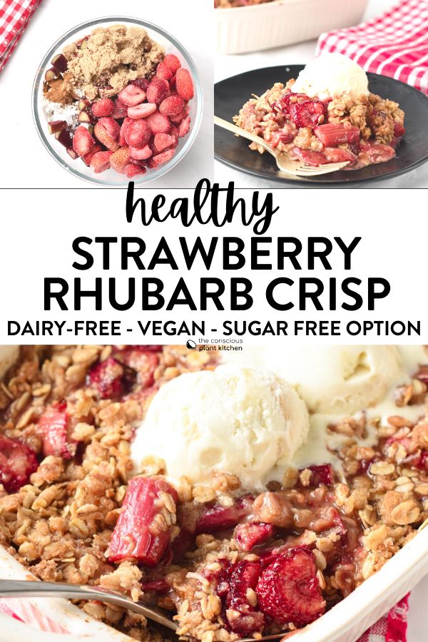 healthy strawberry rhubarb crisp with ice cream on top