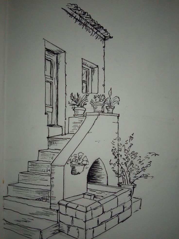 a drawing of steps leading up to a house with potted plants on each step