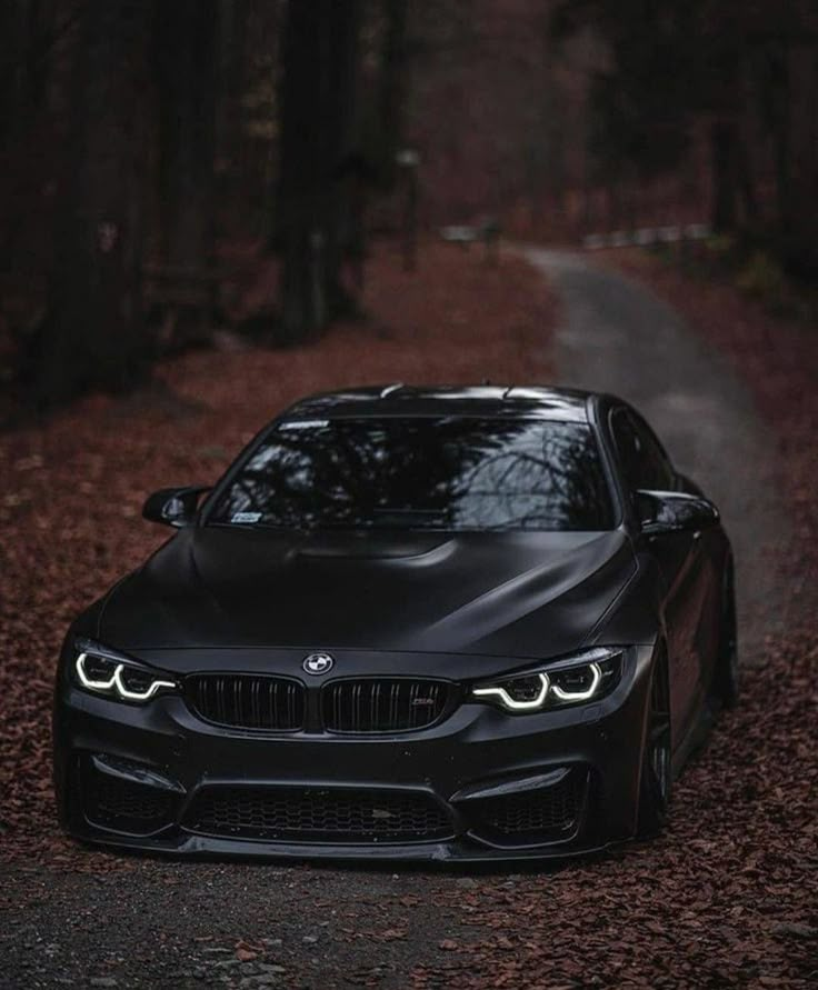 a black car parked on the side of a road in front of trees and leaves