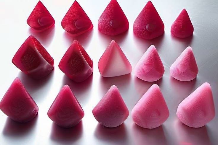 several pieces of pink colored candy on a white surface