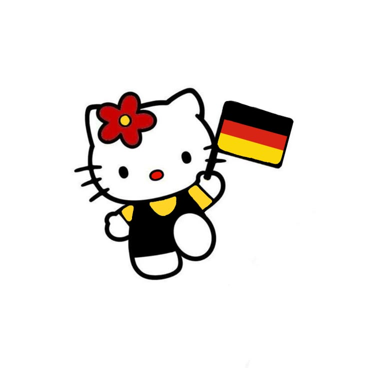 a hello kitty holding a german flag in her hand and wearing a black shirt with a red flower on it