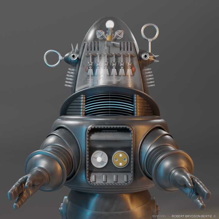 an old robot is standing in front of a gray background with scissors on it's head