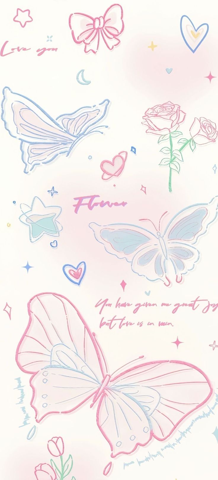 a drawing of butterflies and roses on a white background with words written in pink ink