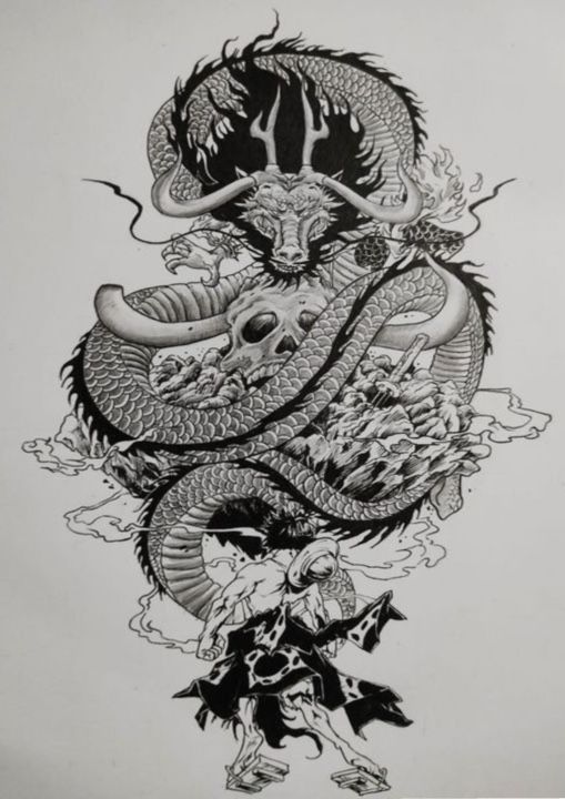 a black and white drawing of a dragon with a skull on it's back