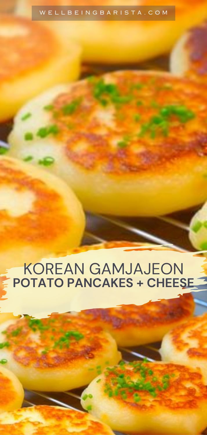 korean gamjuon potato pancakes and cheese on a cooling rack with text overlay that reads korean gamjuon potato pancakes and cheese