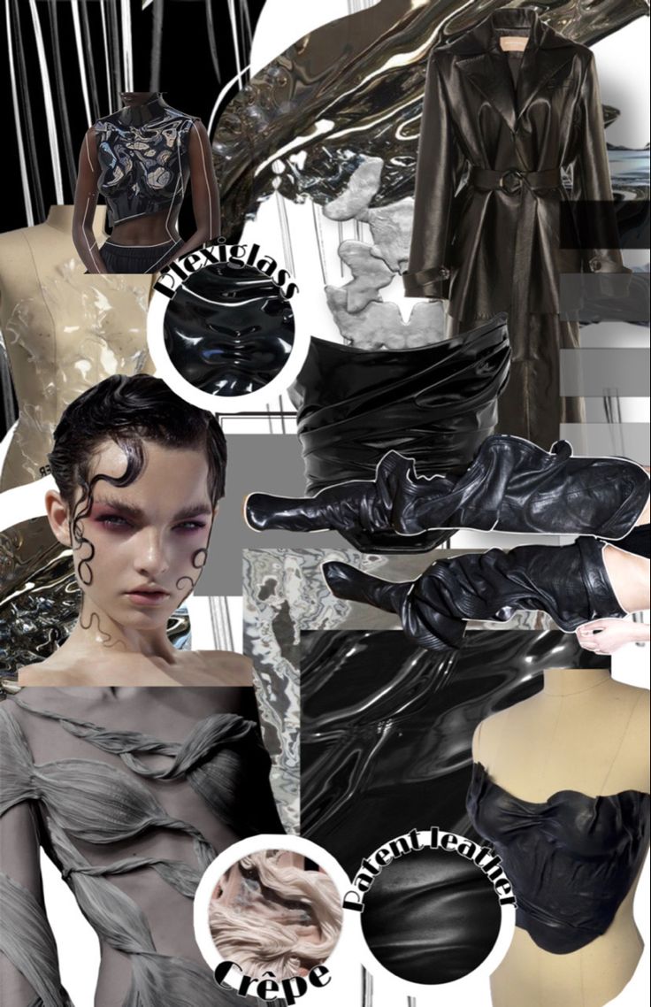 a collage of photos with black clothing and accessories