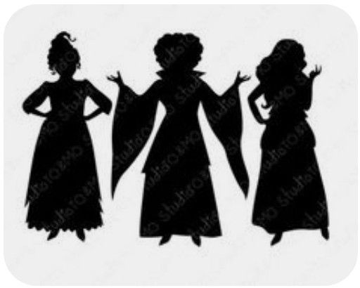 the silhouettes of three women in dresses, one with her arms out and two wearing long