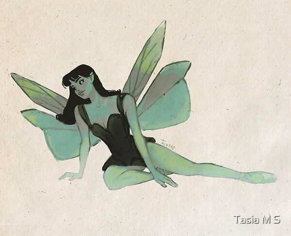 a drawing of a fairy sitting on the ground with her legs spread out and hands behind her back