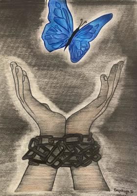 a drawing of two hands and a butterfly on top of each other with chains in front of them