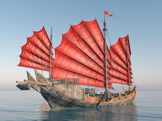 an old sailing ship with red sails floating in the ocean on a blue sky day