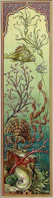 an ornate painting with sea plants and fish