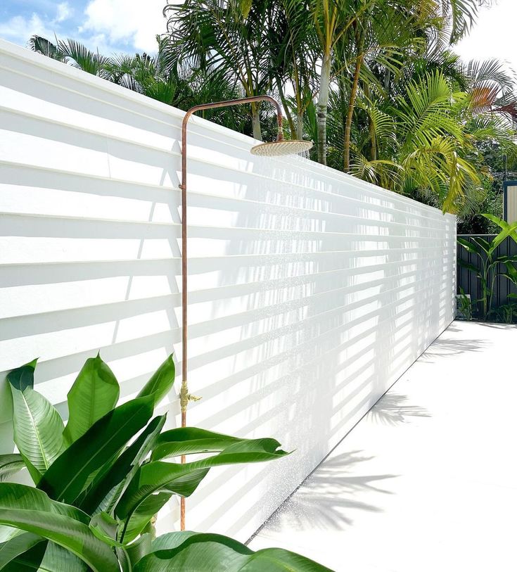 a white fence is next to a green plant