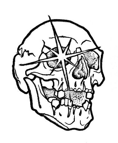 a black and white drawing of a skull with a cross on it's forehead