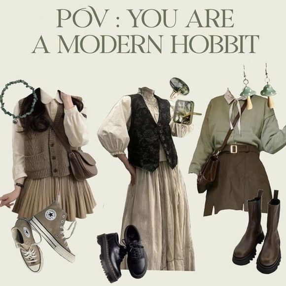 Pre Raphaelite Aesthetic Fashion, Fairy Academia Outfit, Corporate Cottagecore, Fairy Academia Aesthetic, Modern Hobbit, Hobbit Fashion, Hobbit Style, Fairy Academia, Green Academia