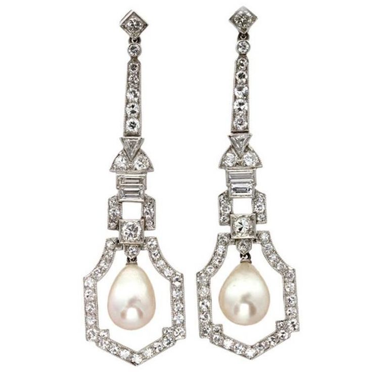 A pair of Art Deco natural pearl and diamond drop earrings, each earring comprising a pear-shaped natural pearl drop, Precious Stone Laboratory certificate, to the centre of a geometric openwork diamond-set cluster surround, from a run of brilliant-, trilliant- and baguette-cut diamonds in a geometric design, estimated to weigh a total of 2.2 carats for both earrings, all set in platinum to a hook and screw fitting, circa 1920, measuring approximately 5.1 x 1.4cm, gross weight 10.4 grams. A pair Art Deco Drop Earrings, Bijoux Art Deco, Bijoux Art Nouveau, Vintage Drop Earrings, Deco Earrings, Pearl And Diamond Earrings, Art Deco Earrings, Natural Pearl, Deco Jewelry