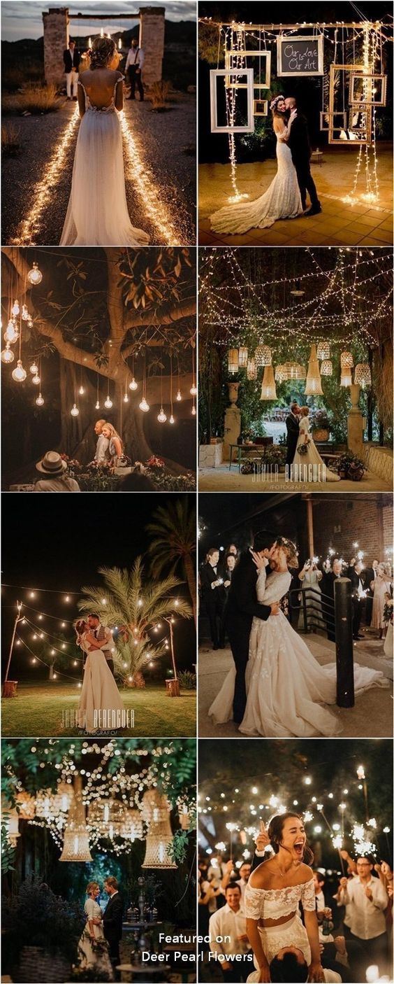 wedding photos taken at night with sparklers in the air and lights on the ground