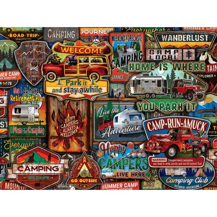 a large poster with many different types of signs on it's sides, including trucks and campers