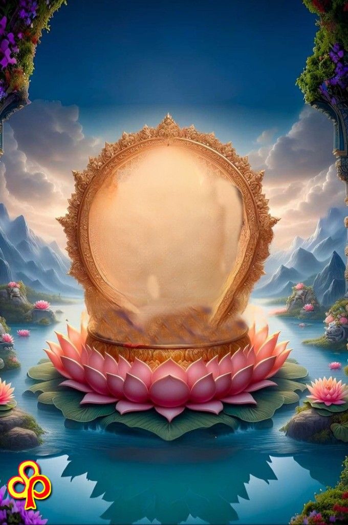 an image of a lotus flower with a large mirror in the middle and water around it